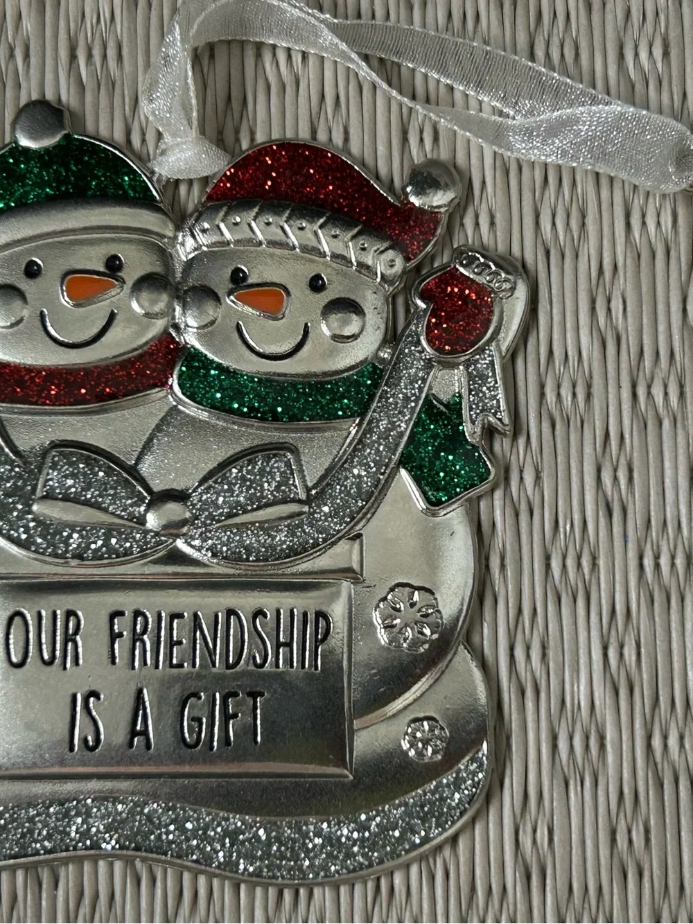 Holiday Snowman Friendship Ornament - Silver with Red & Green Glitter